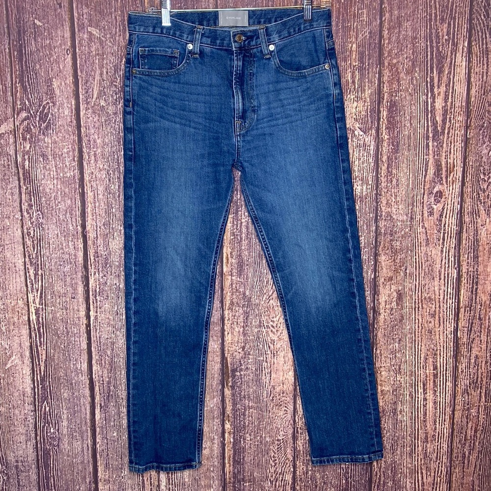 EVERLANE high rise straight leg jeans size 27 medium wash stretch classic blue